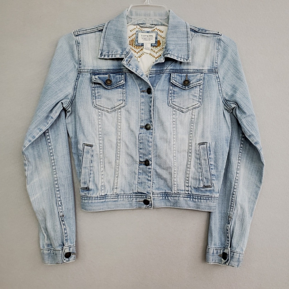 I Love H81 Womens Medium Denim Jacket Light Wash Embroidered Trucker Coat